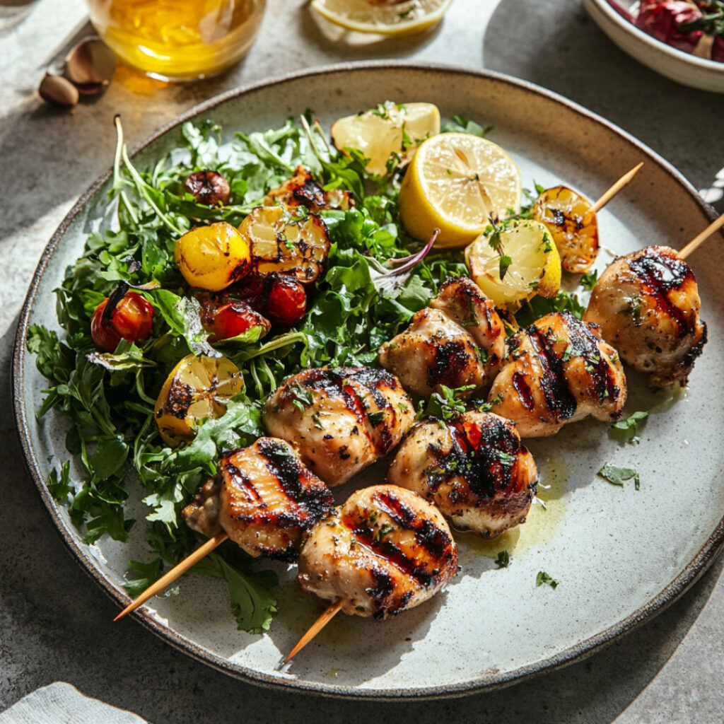 Marinated Grilled Chicken Thigh Skewers on a plate