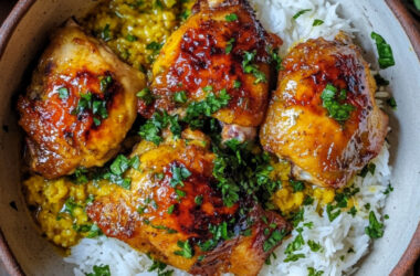 Roasted Chicken Thighs with Turmeric and Yogurt Sauce in a bowl