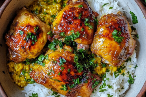 Roasted Chicken Thighs with Turmeric and Yogurt Sauce in a bowl