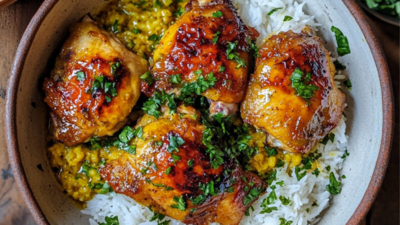 Roasted Chicken Thighs with Turmeric and Yogurt Sauce in a bowl