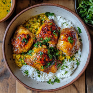 Roasted Chicken Thighs with Turmeric and Yogurt Sauce in a bowl