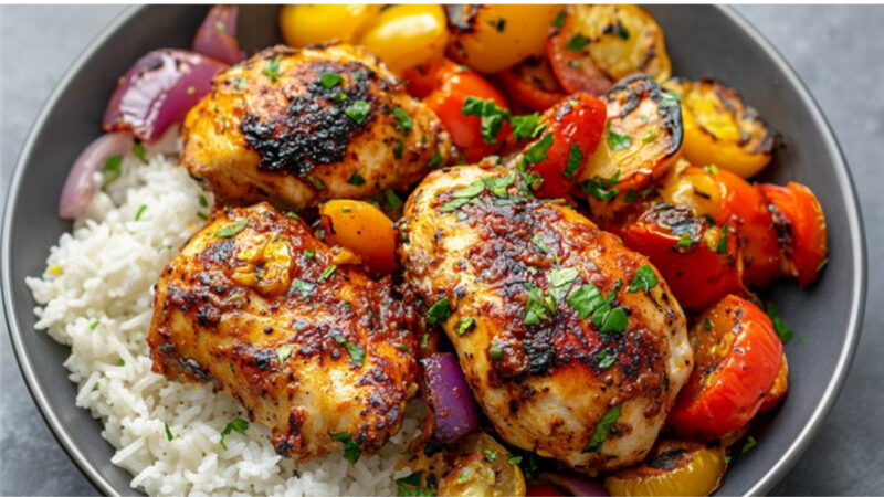 Peri Peri Chicken with Coconut Rice on a plate