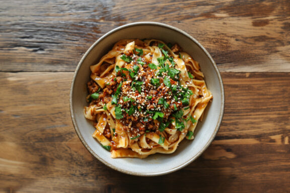 spicy dan dan noodles in a bowl