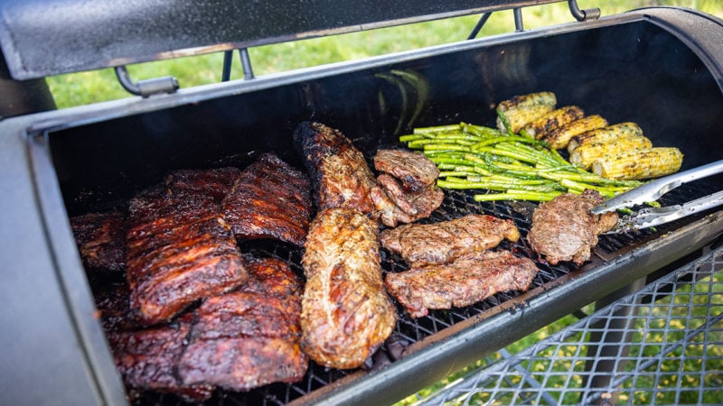 Meat and veggies on a grill