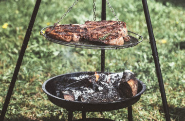 steak roasting over open fire