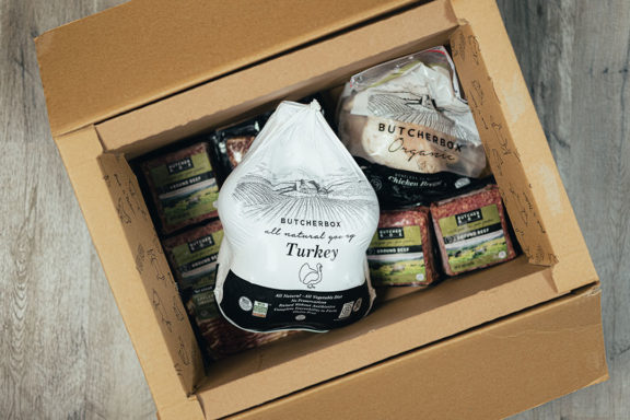 a butcherbox box featuring turkey and various cuts of meat