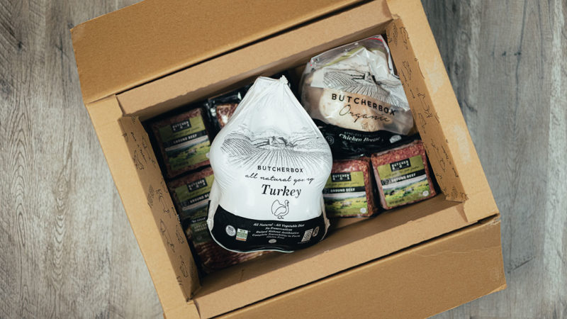 a butcherbox box featuring turkey and various cuts of meat