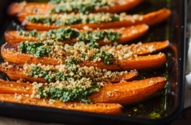 Roasted Carrots with Pesto & Breadcrumbs in a tray