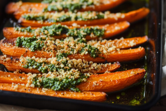 Roasted Carrots with Pesto & Breadcrumbs in a tray