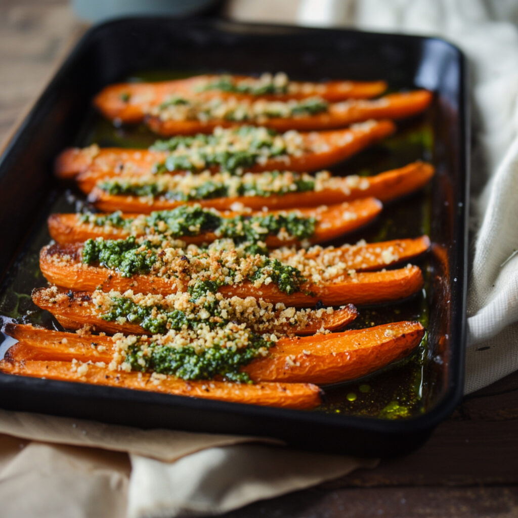 Roasted Carrots with Pesto & Breadcrumbs in a tray