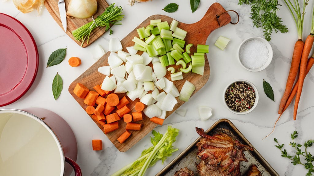 turkey stock prep with carrots, onions, celery
