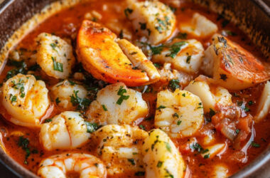 Cioppino with Lobster, Cod, and Scallops in a bowl