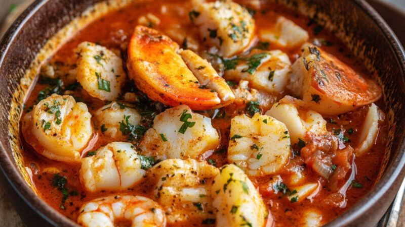 Cioppino with Lobster, Cod, and Scallops in a bowl