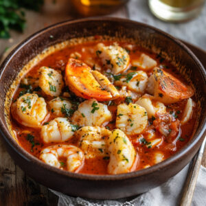 Cioppino with Lobster, Cod, and Scallops in a bowl