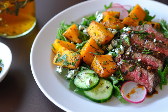 Harvest Steak Salad with Chili Roasted Squash on a plate