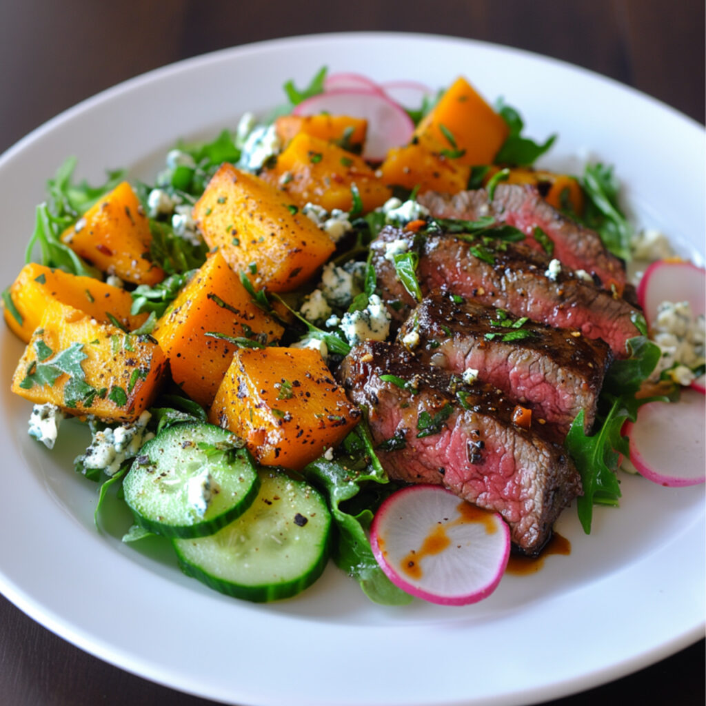 Harvest Steak Salad with Chili Roasted Squash on a plate