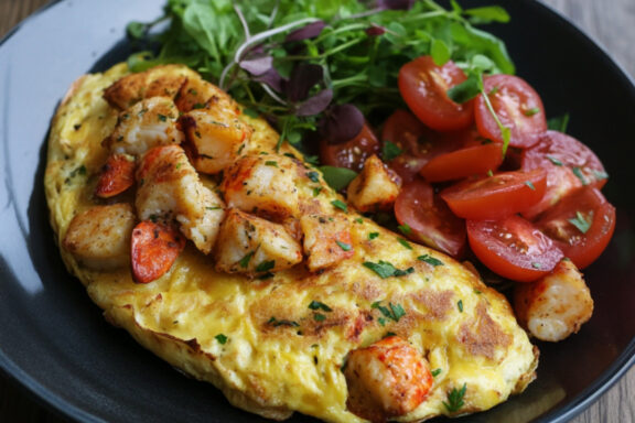 Lobster Omelet with tomatoes and veggies on a plate