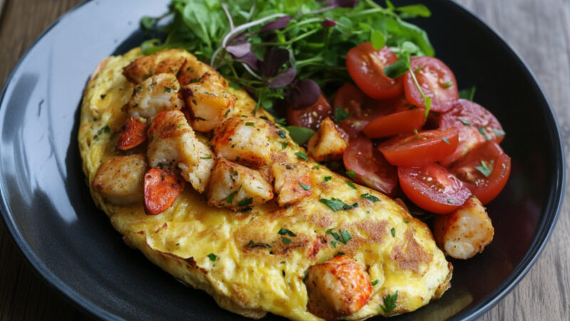 Lobster Omelet with tomatoes and veggies on a plate