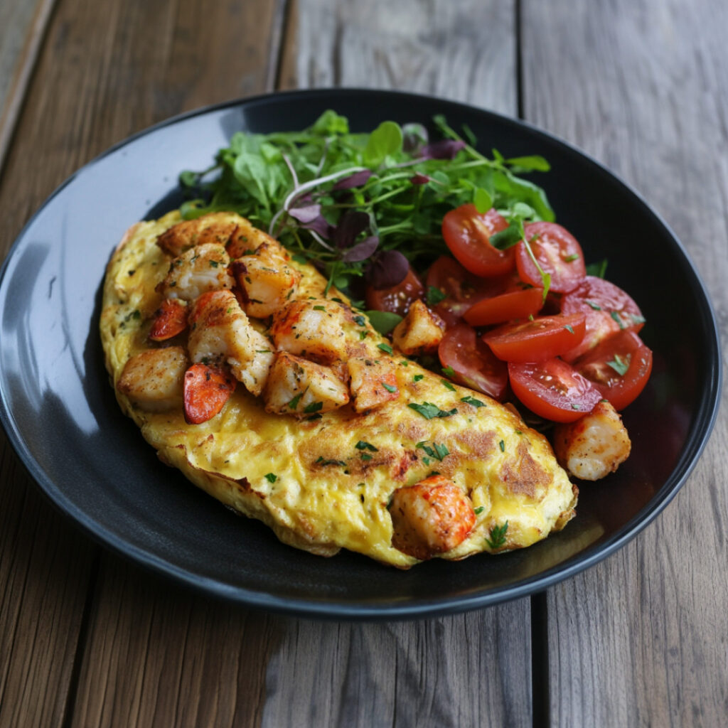 Lobster Omelet with tomatoes and veggies on a plate