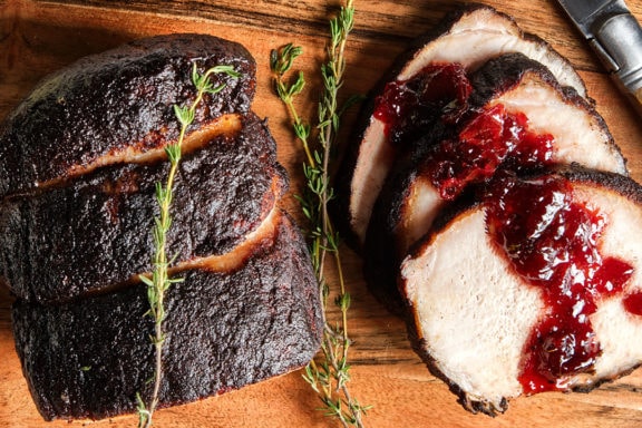 cocoa spiced pork loin with sour cherry sauce