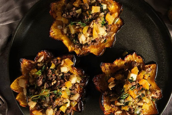 bison and veggies stuffed in squash