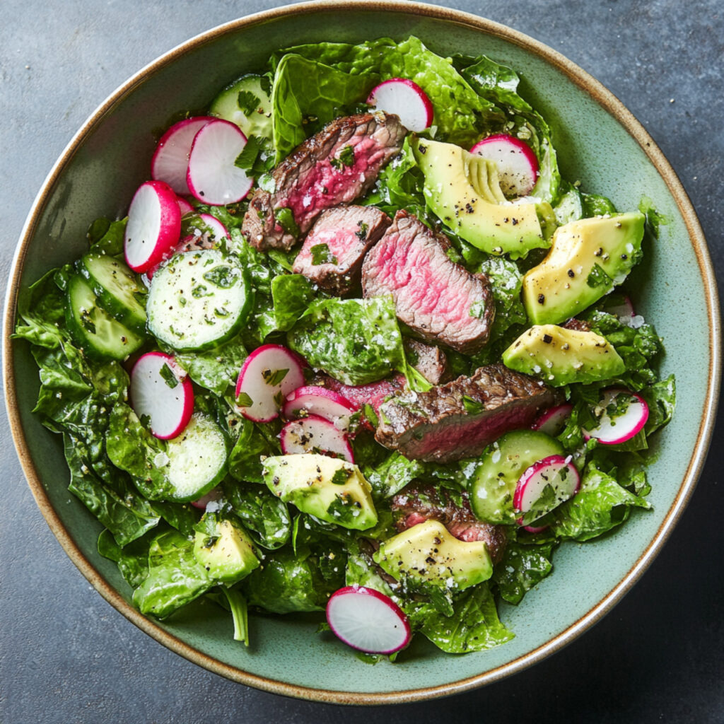 Green Goddess Steak Salad in a bowl