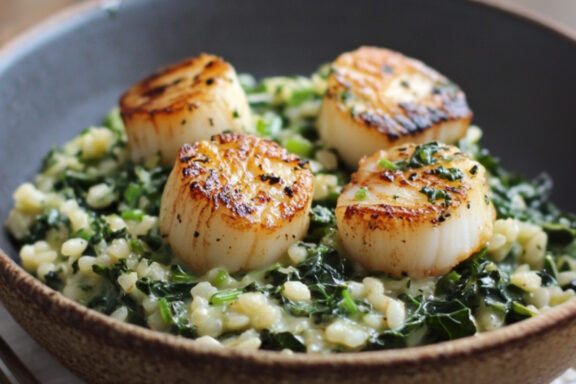 Kale Risotto with Scallops in a bowl