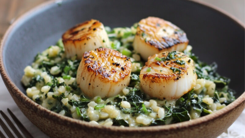 Kale Risotto with Scallops in a bowl