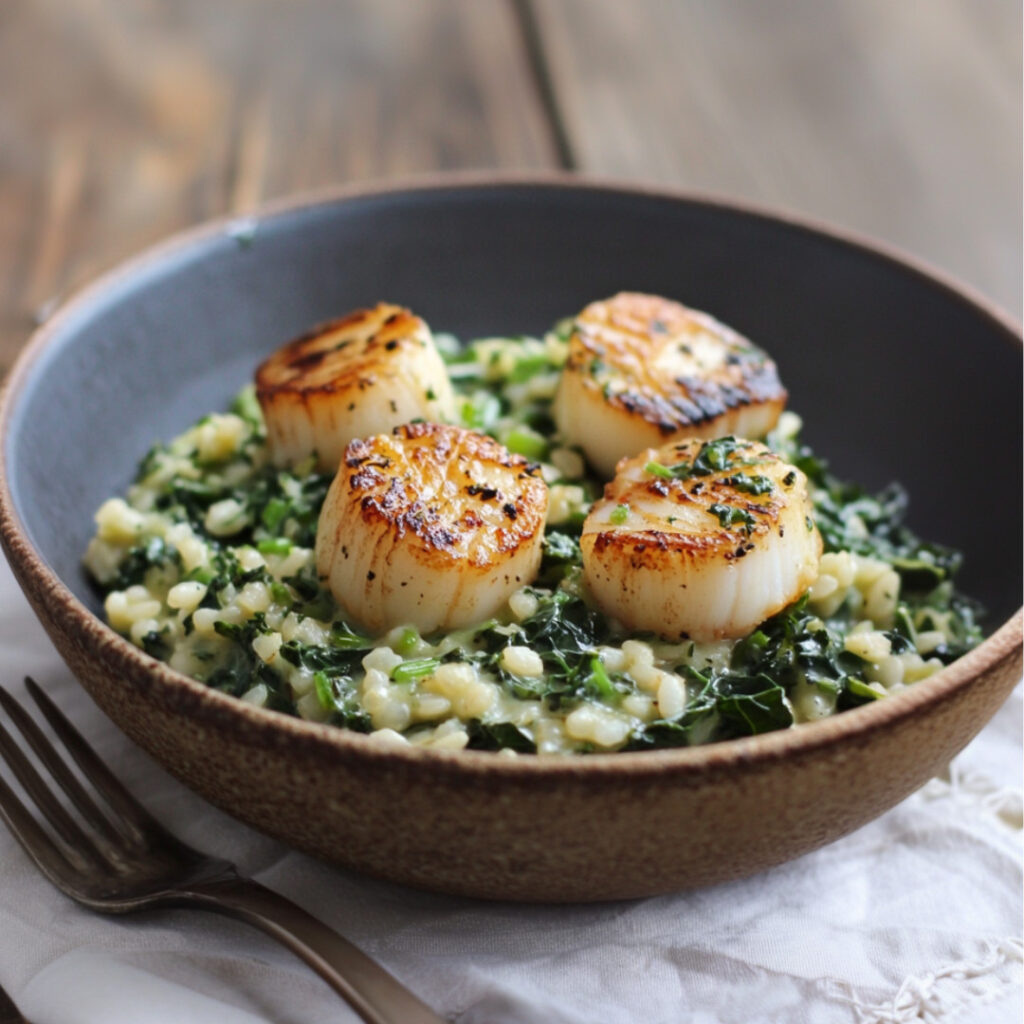 Kale Risotto with Scallops in a bowl