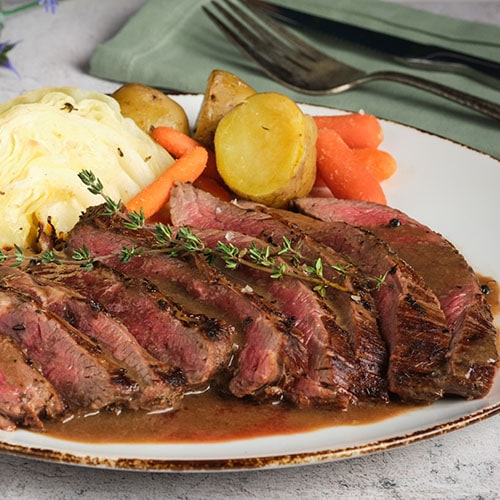 stout flank steak with carrots potatoes