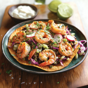 Shrimp and Black Bean Tostadas on a plate