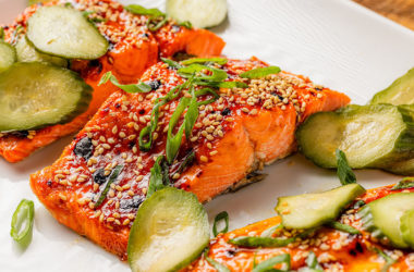 glazed salmon and homemade cucumber pickles
