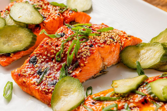 glazed salmon and homemade cucumber pickles