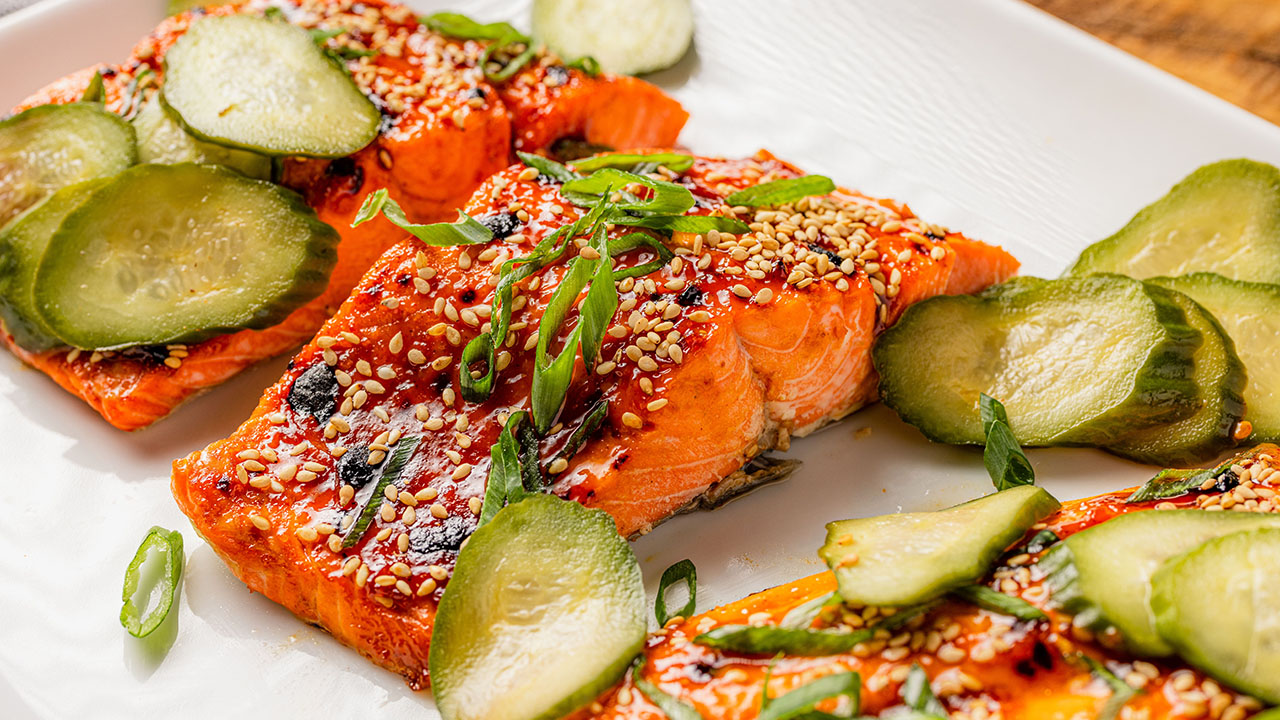 GochujangGlazed Salmon with Quick Pickled Cucumbers Just Cook by