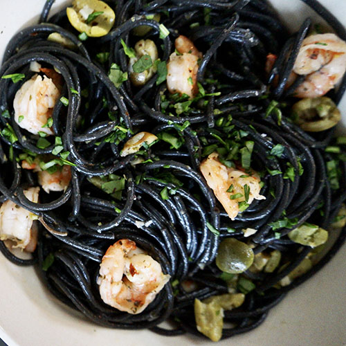 olives and shrimp with black pasta