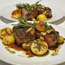 Citrusy Herbed Lamb with Lemony Potatoes on a plate
