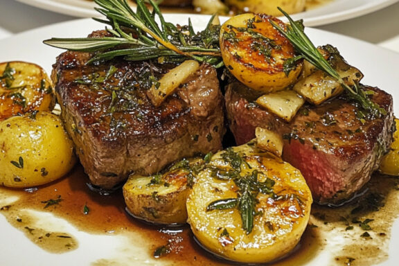 Citrusy Herbed Lamb with Lemony Potatoes on a plate