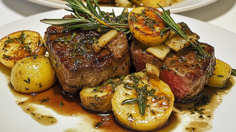 Citrusy Herbed Lamb with Lemony Potatoes on a plate
