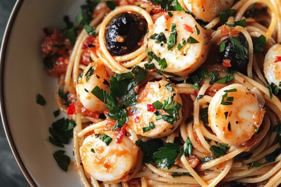 Scallop Pasta Puttanesca on a bowl