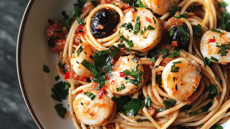 Scallop Pasta Puttanesca on a bowl