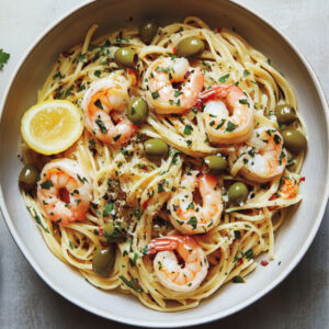 Shrimp and Green Olive Pasta on a plate