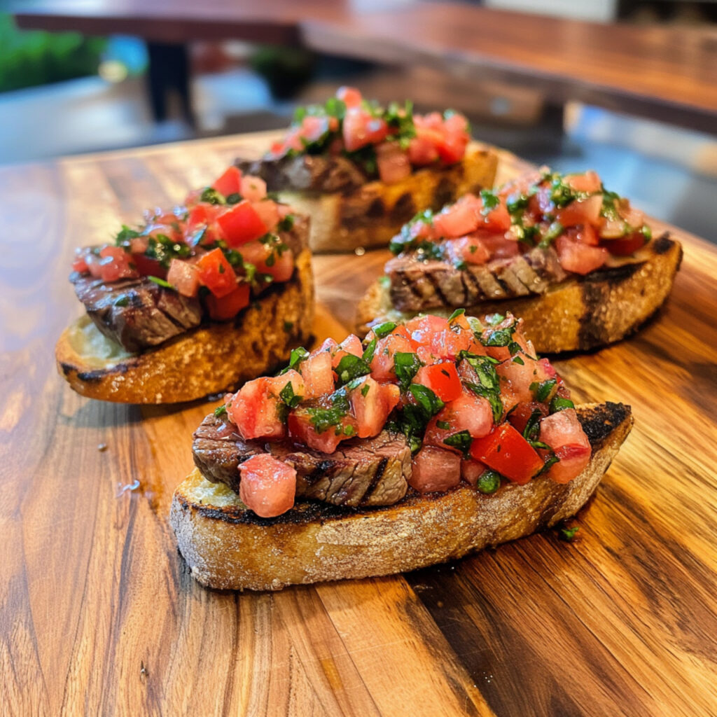 Grilled Steak Bruschetta on a chopping board