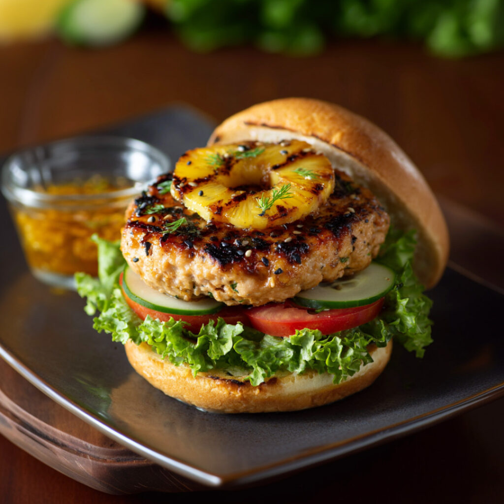 Teriyaki Salmon Burgers on a plate