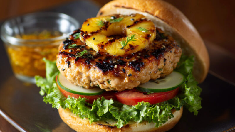 Teriyaki Salmon Burgers on a plate