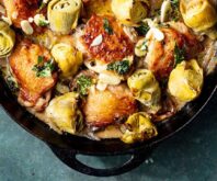 Braised Chicken Thighs with Wine, Artichokes and Crispy Garlic Oil