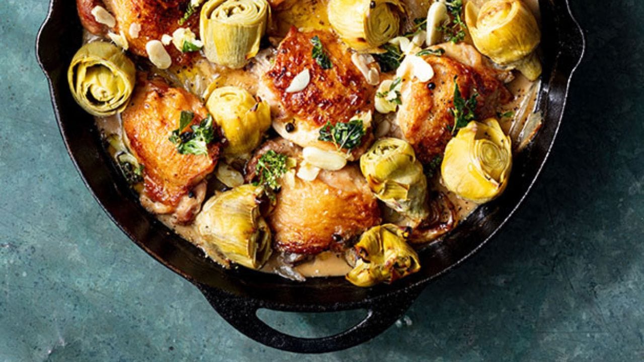 Braised Chicken Thighs with Wine, Artichokes and Crispy Garlic Oil
