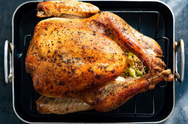 cooked turkey in a roasting pan
