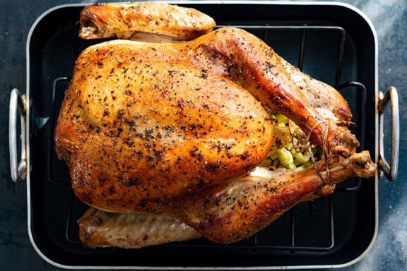 cooked turkey in a roasting pan