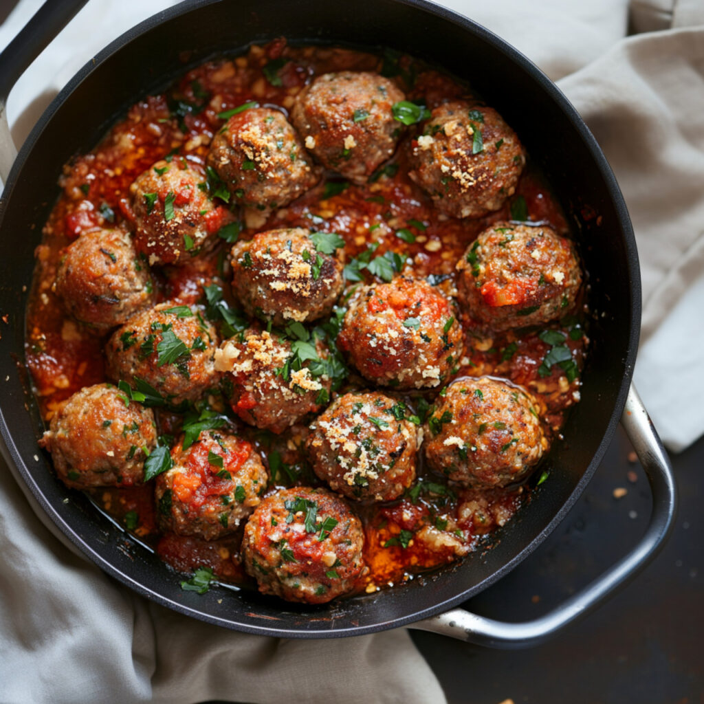 Beef and Pork Meatballs with Tomato in a cooking pot