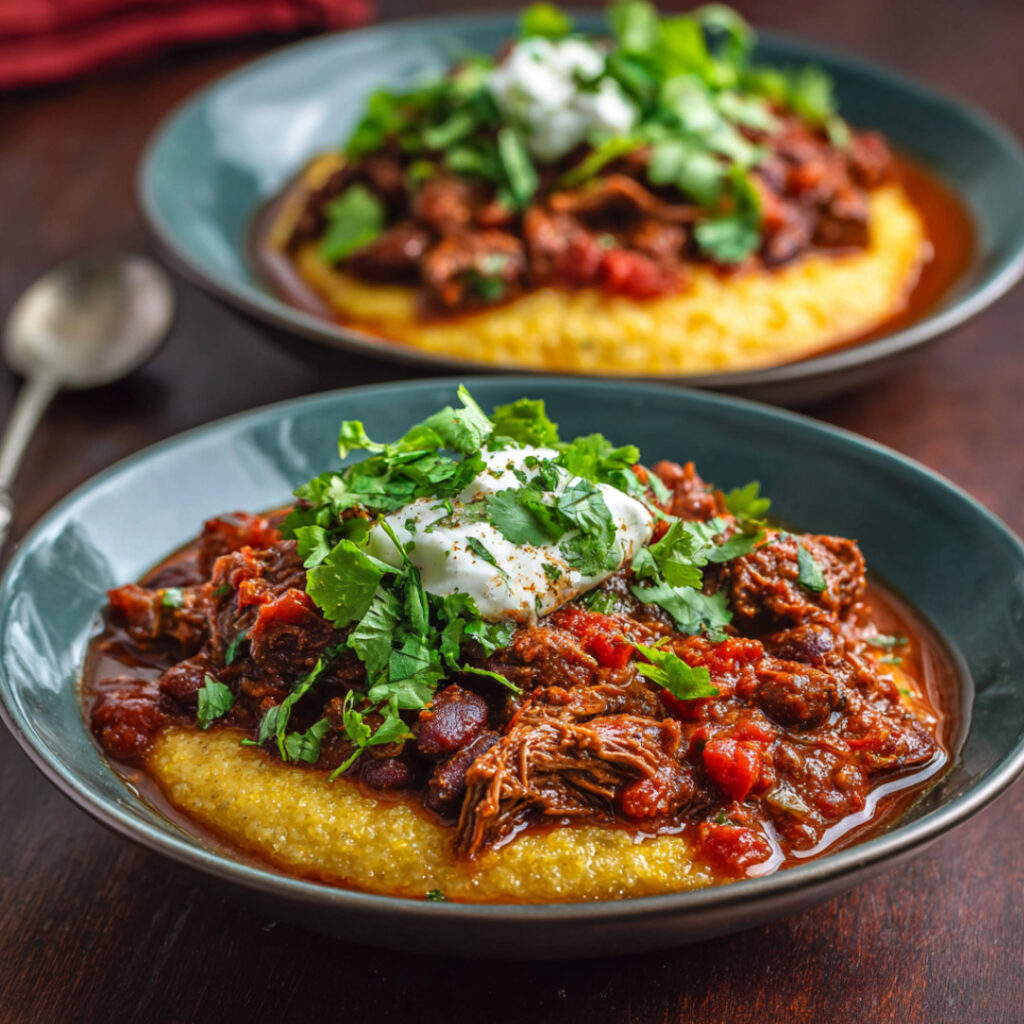 Bison and Bean Chili with Polenta on a plate
